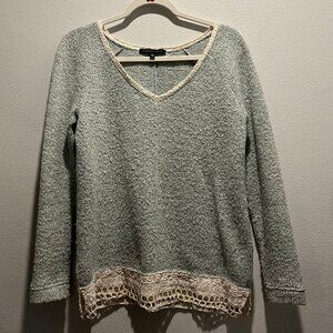 Sanctuary V-Neck Sweater with Crochet Lace Hem, Size XS